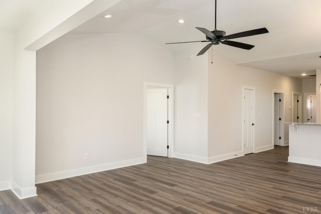 119 Lockridge Ln, Lynchburg, VA 24502 - unfurnished living room featuring ceiling fan, baseboards, dark wood-type flooring, recessed lighting, and high vaulted ceiling