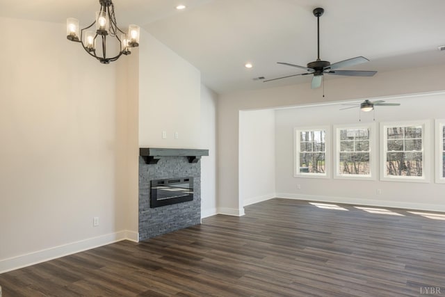 119 Lockridge Ln, Lynchburg, VA 24502 - unfurnished living room featuring a ceiling fan, dark wood finished floors, recessed lighting, vaulted ceiling, and a stone fireplace