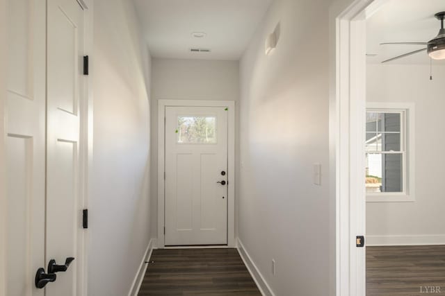 119 Lockridge Ln, Lynchburg, VA 24502 - entryway with a ceiling fan, dark wood-style flooring, and baseboards