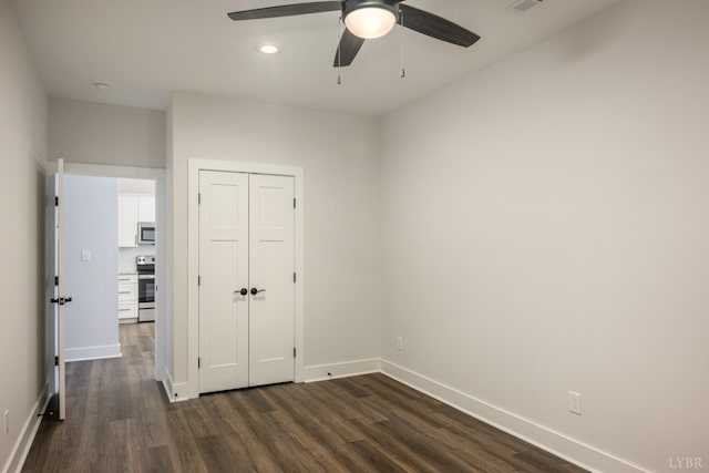 119 Lockridge Ln, Lynchburg, VA 24502 - unfurnished bedroom featuring dark wood-type flooring, baseboards, recessed lighting, a closet, and ceiling fan
