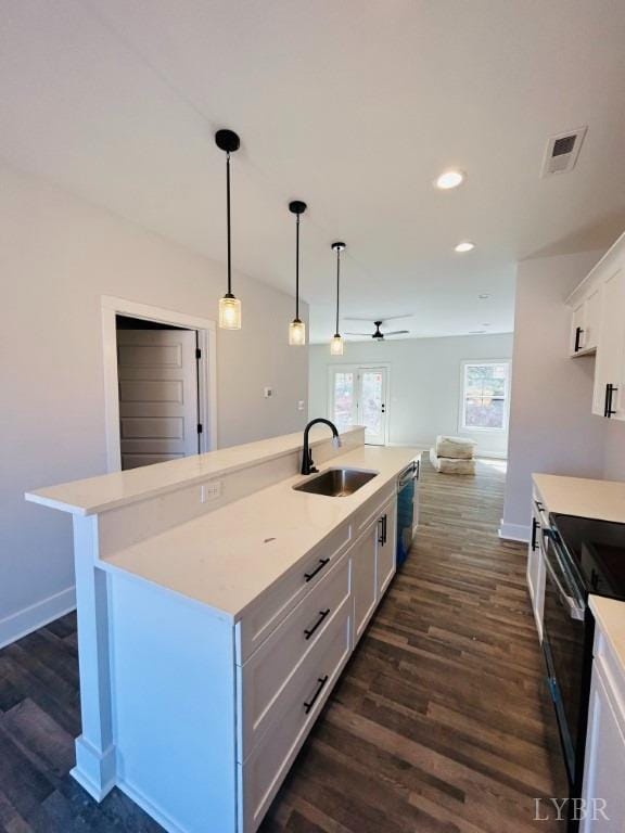 61 Allure Dr, Rustburg, VA 24588 - kitchen with ceiling fan, light countertops, a sink, black electric range oven, and dark wood-style floors