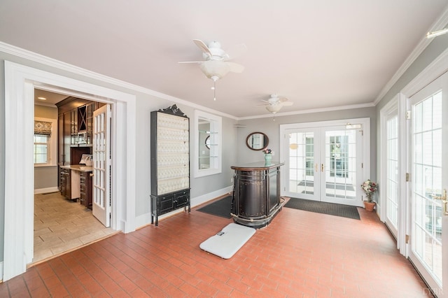 7821 Bellevue Rd, Forest, VA 24551 - exercise area featuring french doors, baseboards, brick flooring, ornamental molding, and ceiling fan
