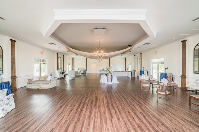 7821 Bellevue Rd, Forest, VA 24551 - workout area featuring crown molding, wood finished floors, a raised ceiling, and a chandelier