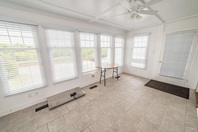 7821 Bellevue Rd, Forest, VA 24551 - sunroom with baseboards, beamed ceiling, tile patterned flooring, and coffered ceiling