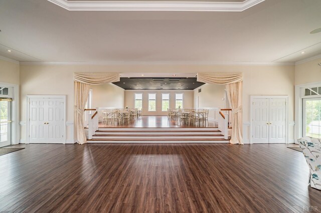 7821 Bellevue Rd, Forest, VA 24551 - unfurnished living room featuring wood finished floors, ornamental molding, and stairs
