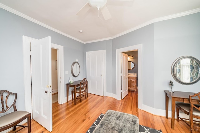 7821 Bellevue Rd, Forest, VA 24551 - sitting room with ornamental molding, light wood-style floors, baseboards, and a ceiling fan