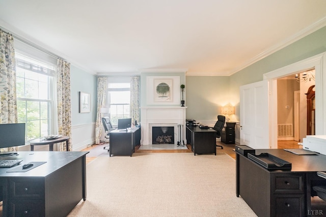 7821 Bellevue Rd, Forest, VA 24551 - office featuring healthy amount of natural light, crown molding, a fireplace with flush hearth, and light wood-type flooring