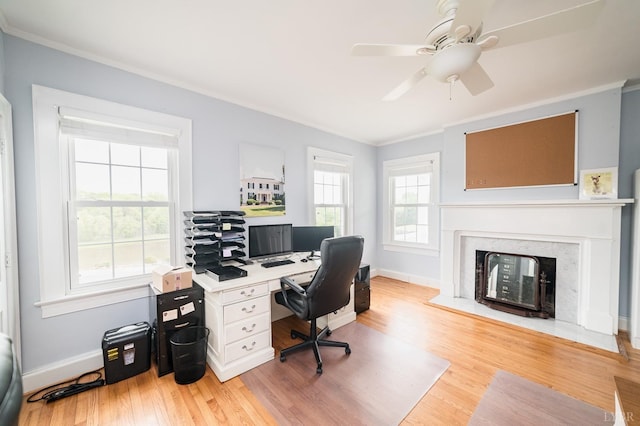 7821 Bellevue Rd, Forest, VA 24551 - office area with a fireplace, light hardwood / wood-style floors, crown molding, and ceiling fan