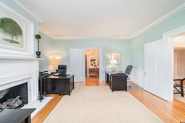7821 Bellevue Rd, Forest, VA 24551 - office space featuring wood finished floors, crown molding, and a fireplace with flush hearth