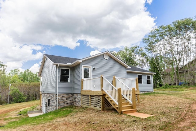 465 Soybean Dr, Appomattox, VA 24522 - rear view of property with a lawn, a deck, roof with shingles, and stairway