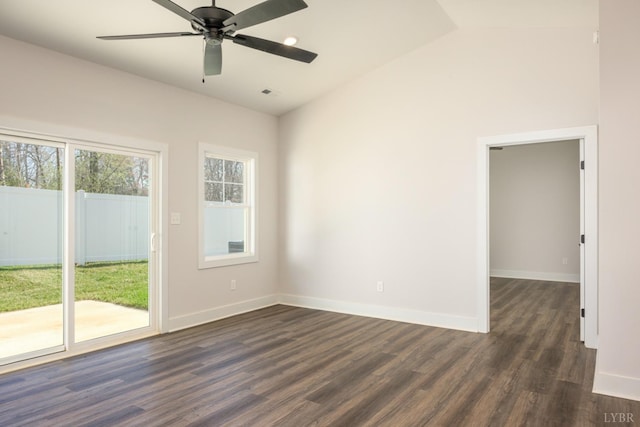 104 Lockridge Ln, Lynchburg, VA 24502 - empty room featuring dark wood-style flooring, baseboards, a ceiling fan, and vaulted ceiling