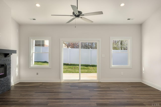 104 Lockridge Ln, Lynchburg, VA 24502 - unfurnished living room with a fireplace, dark wood finished floors, recessed lighting, ceiling fan, and baseboards