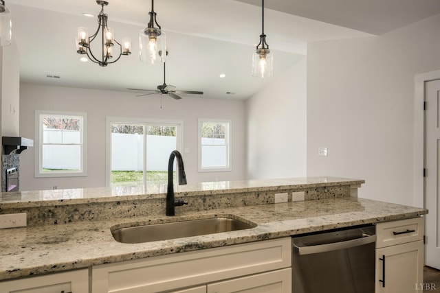 104 Lockridge Ln, Lynchburg, VA 24502 - kitchen featuring stainless steel dishwasher, a sink, a ceiling fan, white cabinetry, and recessed lighting