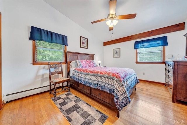 bedroom with ceiling fan, a baseboard heating unit, lofted ceiling with beams, and light hardwood / wood-style floors