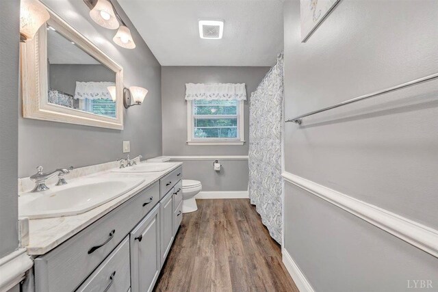bathroom with double vanity, toilet, and hardwood / wood-style floors