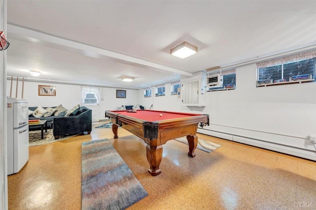 recreation room with a baseboard heating unit, a wall mounted air conditioner, and billiards