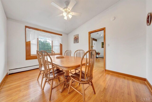 dining space with ceiling fan, light wood-type flooring, vaulted ceiling, and a baseboard radiator