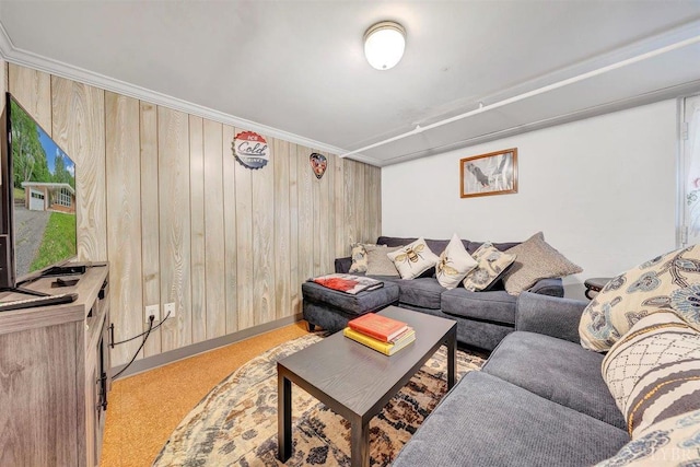 living room featuring wood walls, carpet flooring, and ornamental molding