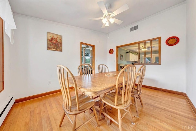 dining room with baseboard heating, ceiling fan, light hardwood / wood-style floors, and crown molding