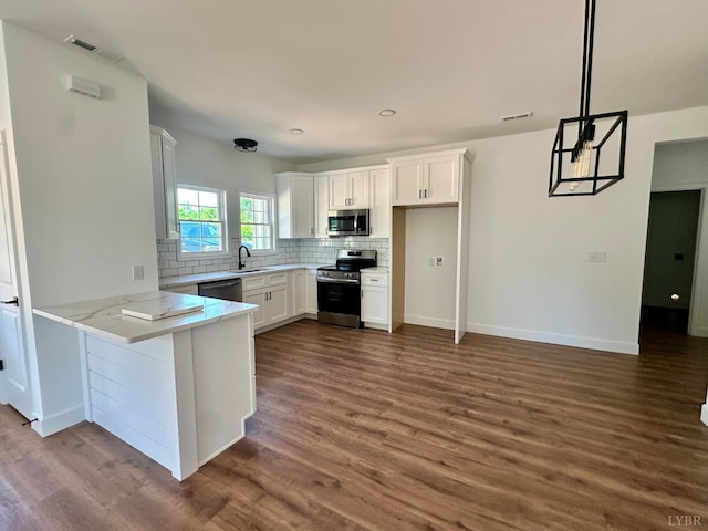 4678 Wildway Rd, Appomattox, VA 24522 - kitchen featuring appliances with stainless steel finishes, a sink, tasteful backsplash, a peninsula, and white cabinetry