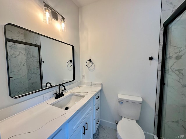 4678 Wildway Rd, Appomattox, VA 24522 - bathroom featuring marble look tile flooring, a shower stall, vanity, toilet, and baseboards