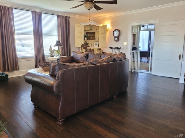 1501 Saxkey, Drakes Branch, VA 23937 - living room featuring ceiling fan, dark wood-style floors, and crown molding