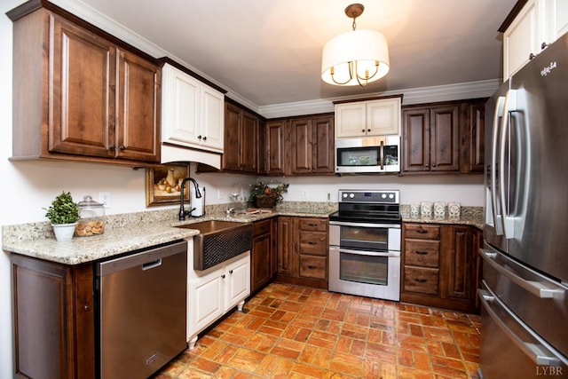 1501 Saxkey, Drakes Branch, VA 23937 - kitchen with appliances with stainless steel finishes, a sink, brick patterned floors, and light stone countertops