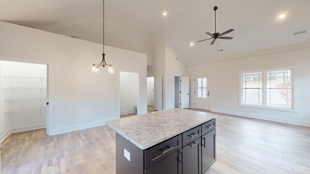 87 Greenhouse Rd, Rustburg, VA 24588 - kitchen with ceiling fan, pendant lighting, a center island, open floor plan, and light wood-style floors