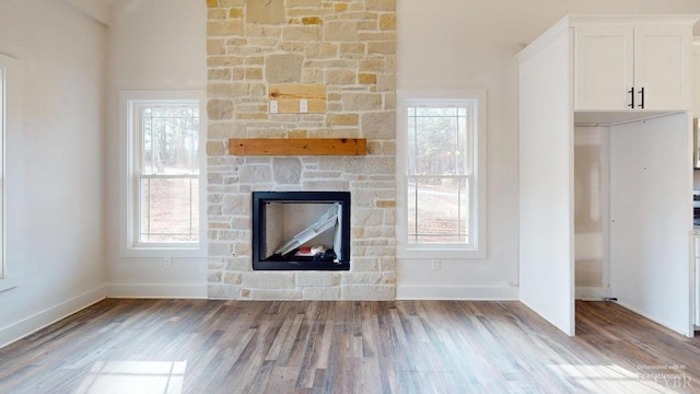 87 Greenhouse Rd, Rustburg, VA 24588 - unfurnished living room featuring a wealth of natural light, a stone fireplace, and wood finished floors