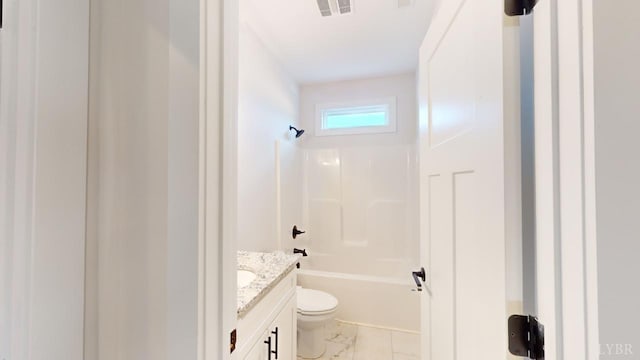 87 Greenhouse Rd, Rustburg, VA 24588 - full bathroom featuring vanity, toilet, marble finish floor, shower / bath combination, and visible vents