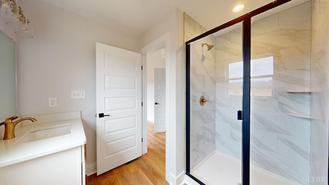 193 Allure Dr, Rustburg, VA 24588 - bathroom with vanity, a marble finish shower, and wood finished floors