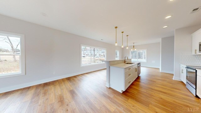 193 Allure Dr, Rustburg, VA 24588 - kitchen featuring a sink, white cabinets, light countertops, appliances with stainless steel finishes, and hanging light fixtures