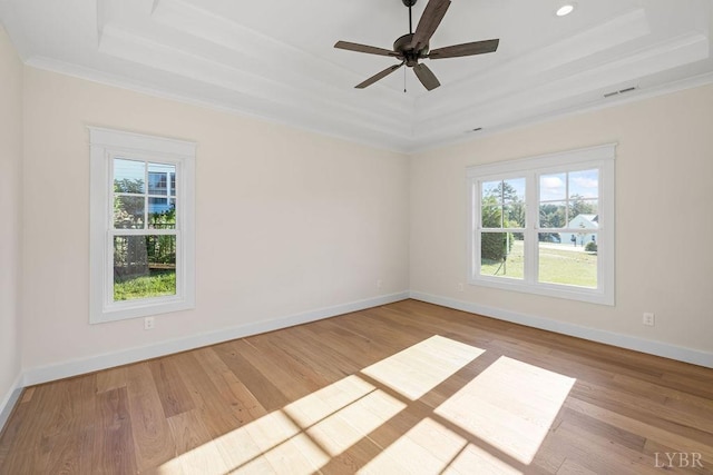 empty room with a tray ceiling, a healthy amount of sunlight, and wood finished floors
