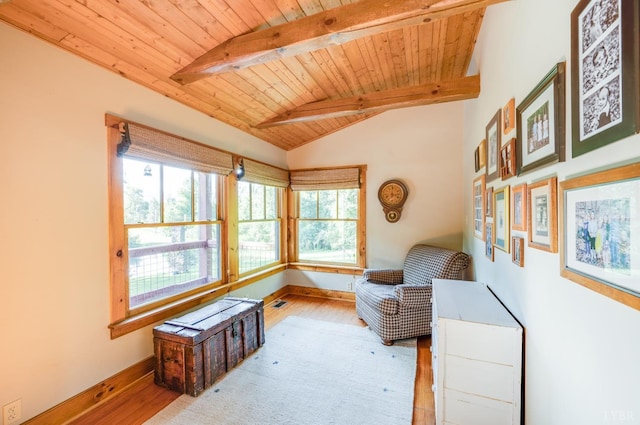 1343 Wares Gap Rd, Monroe, VA 24574 - living area featuring baseboards, wood ceiling, visible vents, vaulted ceiling with beams, and wood finished floors