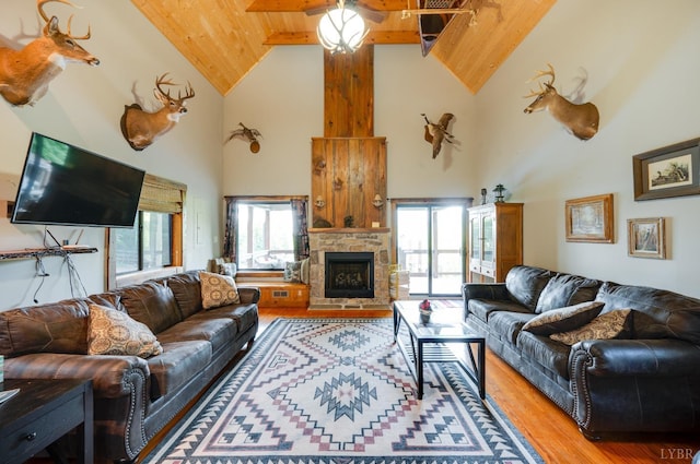 1343 Wares Gap Rd, Monroe, VA 24574 - living area featuring high vaulted ceiling, beamed ceiling, light wood finished floors, a stone fireplace, and wood ceiling