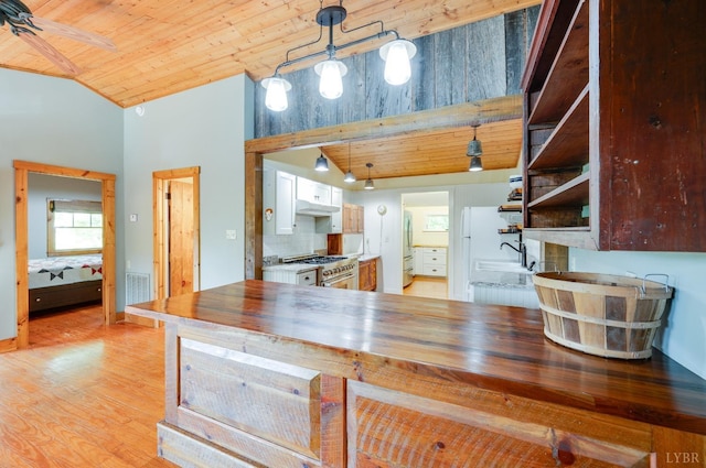 1343 Wares Gap Rd, Monroe, VA 24574 - kitchen with light wood-style flooring, wooden ceiling, high end stainless steel range oven, and vaulted ceiling