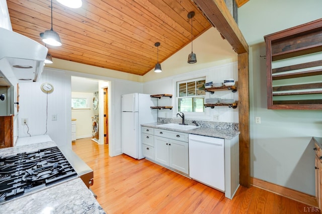 1343 Wares Gap Rd, Monroe, VA 24574 - kitchen featuring white appliances, a sink, open shelves, light wood-style floors, and vaulted ceiling