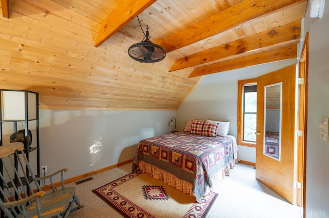 1343 Wares Gap Rd, Monroe, VA 24574 - carpeted bedroom featuring lofted ceiling with beams, baseboards, visible vents, and wooden ceiling