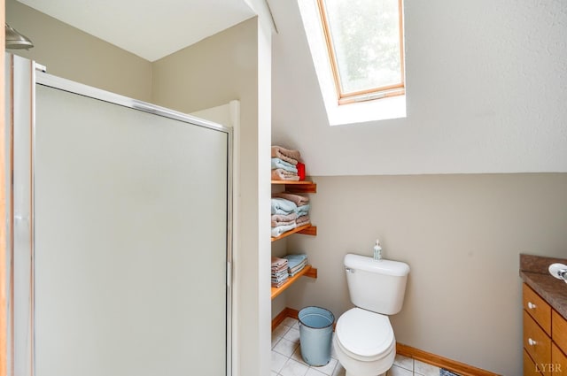 1343 Wares Gap Rd, Monroe, VA 24574 - full bath with toilet, baseboards, tile patterned floors, a stall shower, and vaulted ceiling with skylight