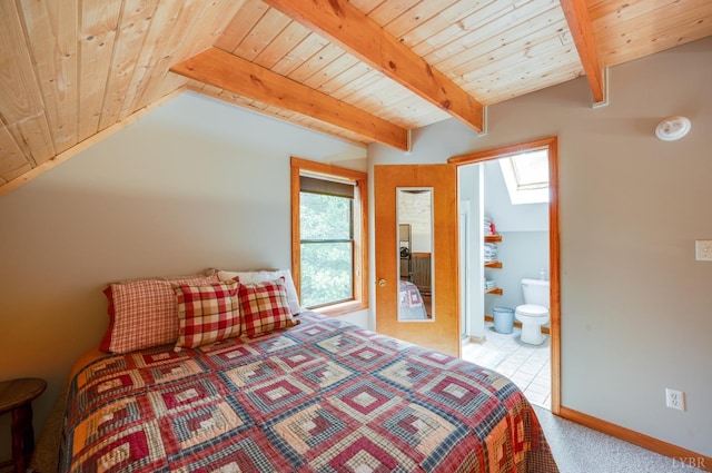1343 Wares Gap Rd, Monroe, VA 24574 - carpeted bedroom with ensuite bathroom, vaulted ceiling with beams, wood ceiling, and baseboards
