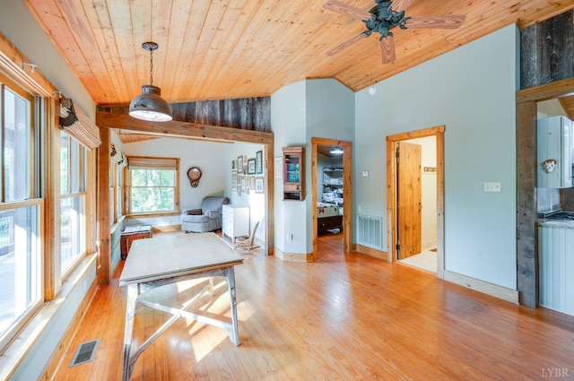 1343 Wares Gap Rd, Monroe, VA 24574 - unfurnished dining area featuring visible vents, light wood-style flooring, ceiling fan, and vaulted ceiling
