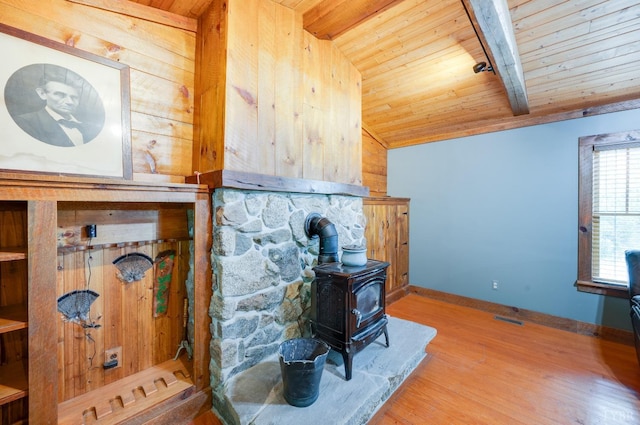 1343 Wares Gap Rd, Monroe, VA 24574 - room details featuring wooden ceiling, wood finished floors, a wood stove, visible vents, and beamed ceiling