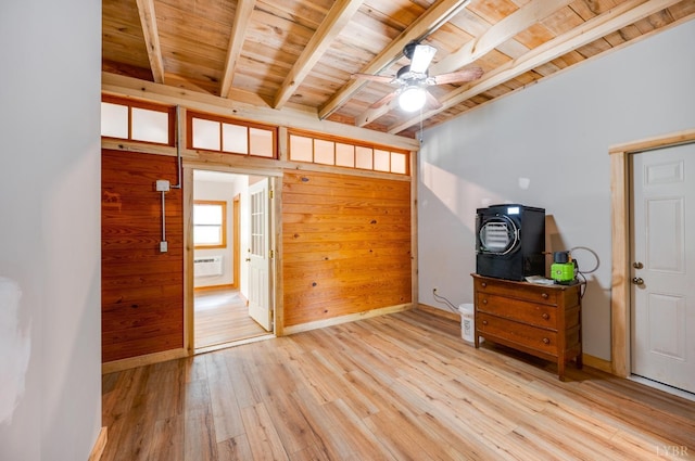 1343 Wares Gap Rd, Monroe, VA 24574 - spare room with wooden ceiling, baseboards, beam ceiling, ceiling fan, and light wood-style flooring