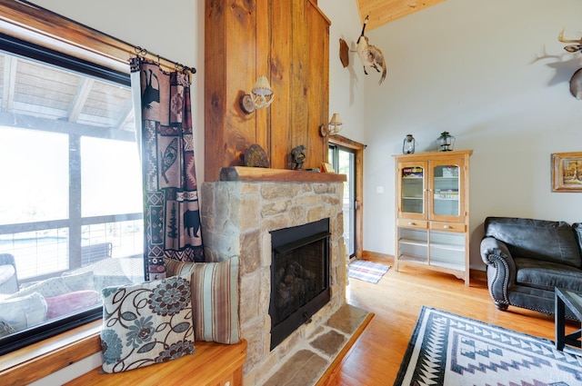 1343 Wares Gap Rd, Monroe, VA 24574 - living area featuring wood finished floors, a towering ceiling, a stone fireplace, and a wealth of natural light