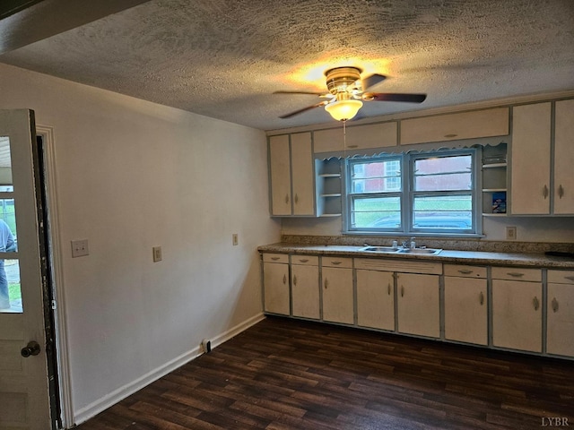 kitchen featuring a sink, a textured ceiling, open shelves, dark wood finished floors, and ceiling fan