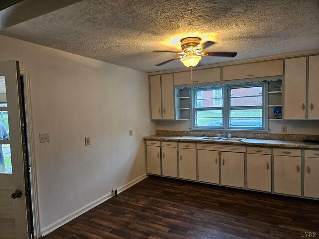 119 Caroline Ave, Brookneal, VA 24528 - kitchen with open shelves, dark wood-type flooring, ceiling fan, a textured ceiling, and white cabinetry