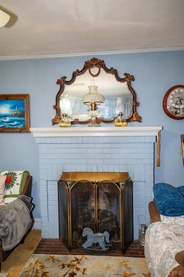 811 Broad St, Altavista, VA 24517 - room details with ornamental molding, a brick fireplace, and carpet flooring