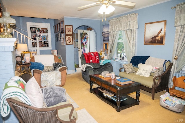 811 Broad St, Altavista, VA 24517 - carpeted living room with ceiling fan and crown molding