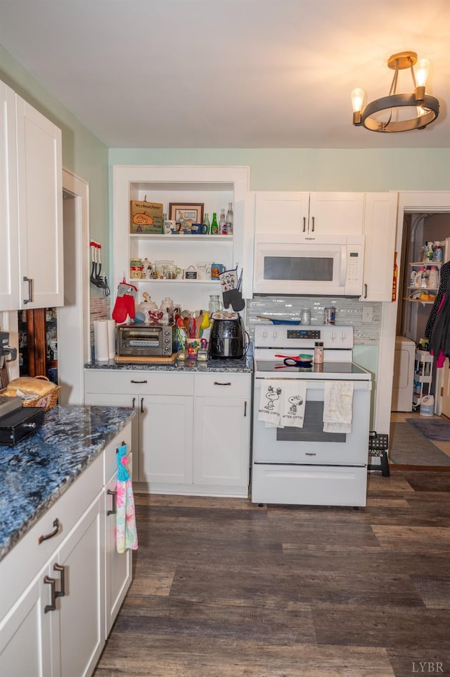 811 Broad St, Altavista, VA 24517 - kitchen with tasteful backsplash, white appliances, white cabinetry, dark stone counters, and dark hardwood / wood-style flooring