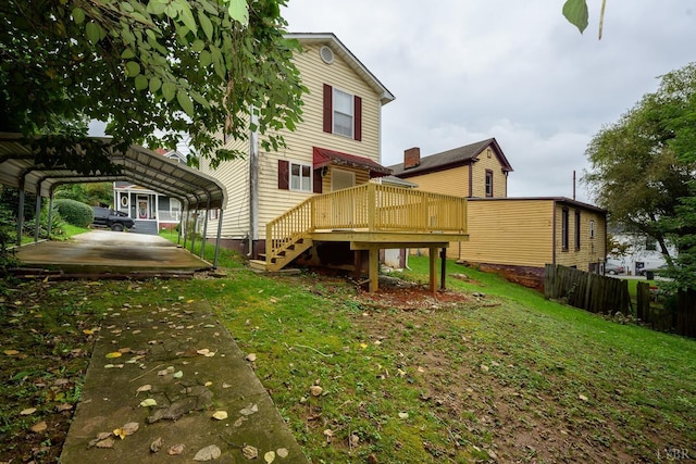 906 8th St, Lynchburg, VA 24504 - back of property with a wooden deck, a carport, and stairs